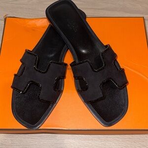 Hermès Oran Rhinestone/Velvet Goatskin women Sandals